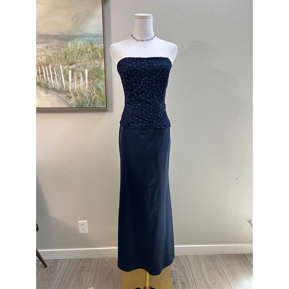 Scott McClintock Navy Blue Strapless Beaded Lace Satin Formal Gown Maxi Dress